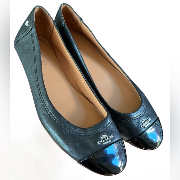 COACH Chelsea Black Matte Calf Leather Patent Cap Toe Silver Logo Flats Size 7 - Picture 4 of 15